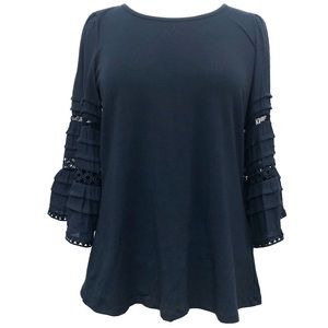 Sharagano Bell Sleeve Navy Blue Top Blouse